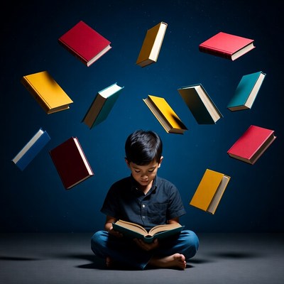 Asian boy reading surrounded by floating books