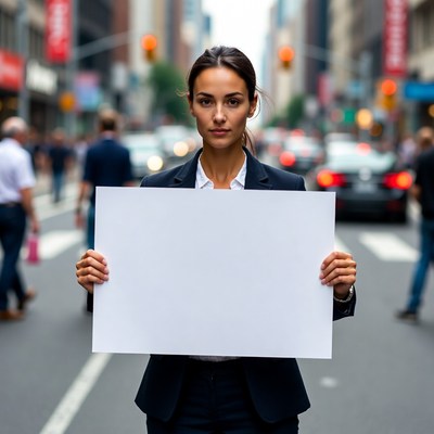Woman holding blank sign in city street