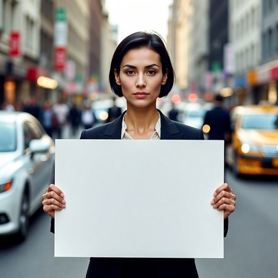 Woman holding blank sign in city street