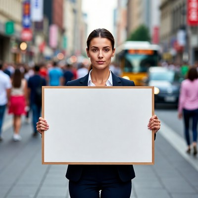 Business woman holding blank sign urban street