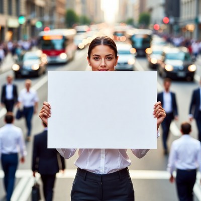 Woman holding blank sign in city street