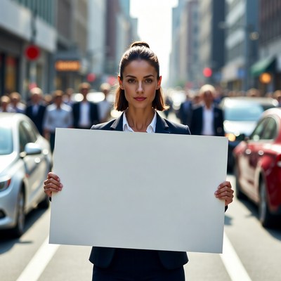 Businesswoman holding blank sign in city street