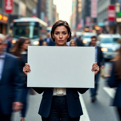 Business woman holding blank sign in city street