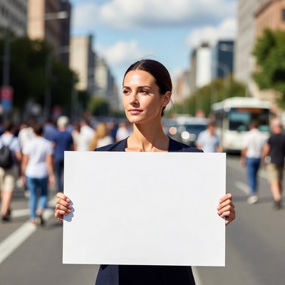 Woman holding blank sign on street