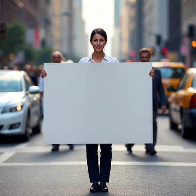 Woman holding blank sign in city street
