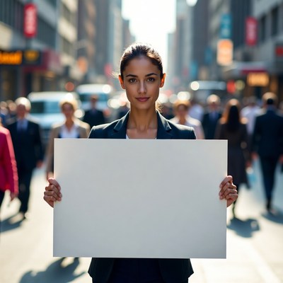Woman holding blank sign in city street