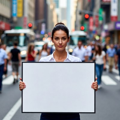 Woman holding blank sign in city street