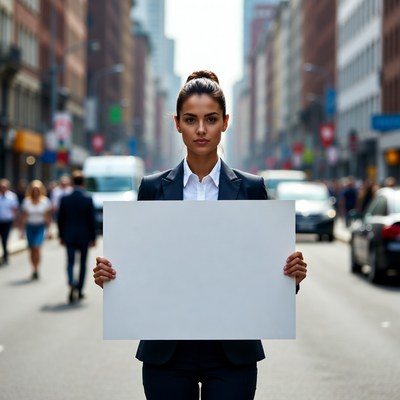 Businesswoman holding blank sign in city street