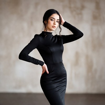 Beautiful woman in black dress posing