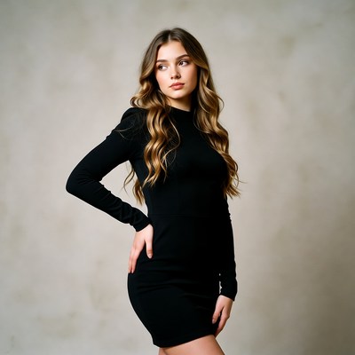 Young woman in black dress posing