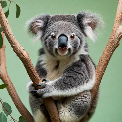Koala clinging to eucalyptus branch