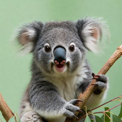 Cute baby koala holding eucalyptus branch