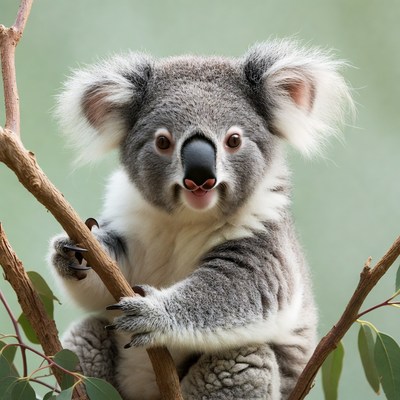 Cute koala clinging to eucalyptus branch