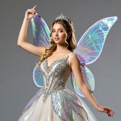 Woman in iridescent fairy wings costume