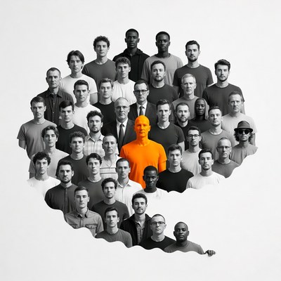 Orange Man Standing Out in Black White Crowd