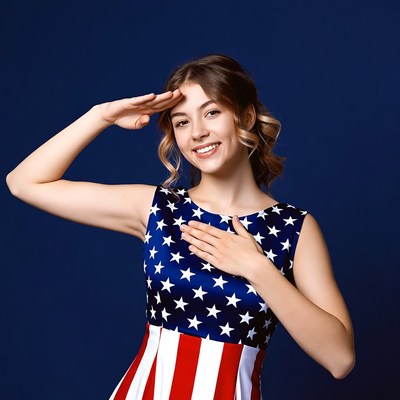 Woman saluting in American flag dress