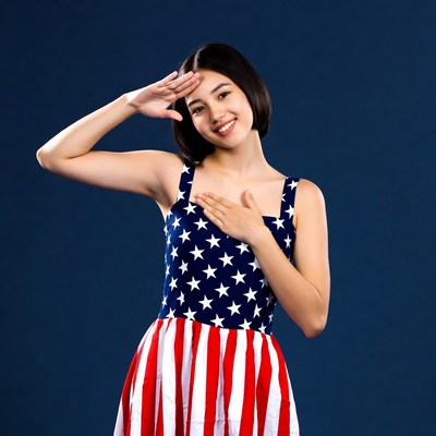 Asian woman saluting in American flag dress