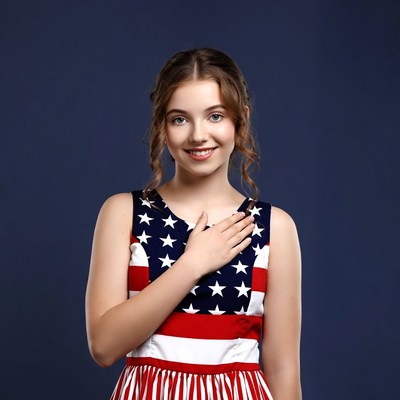 Girl pledging allegiance in American flag dress