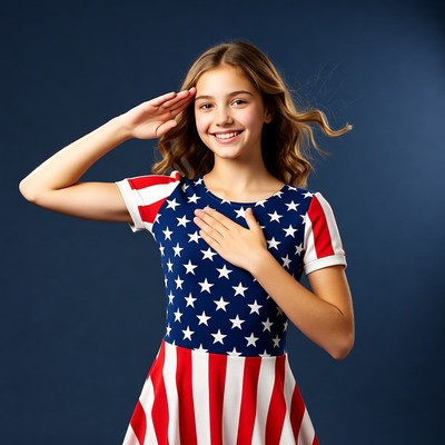 Girl saluting in American flag dress