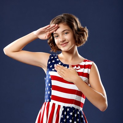 Girl saluting in American flag dress