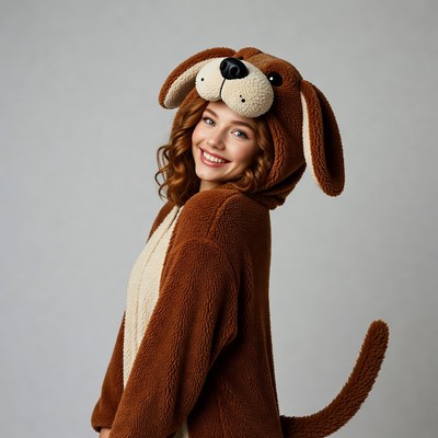 Woman in brown dog onesie costume