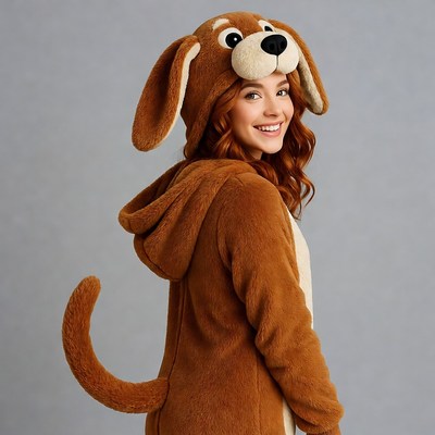 Woman in brown dog onesie