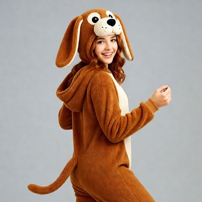 Girl in brown dog onesie costume