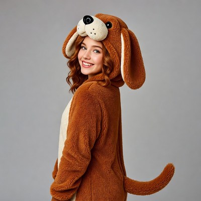 Woman in brown dog onesie costume