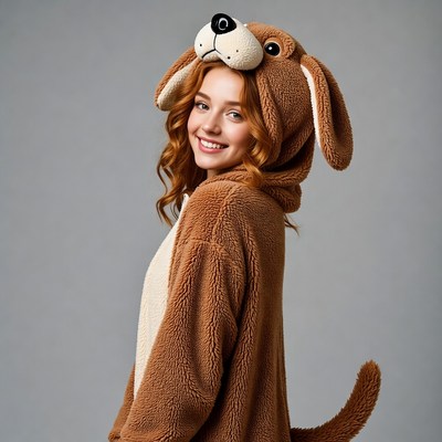 Woman in brown dog onesie