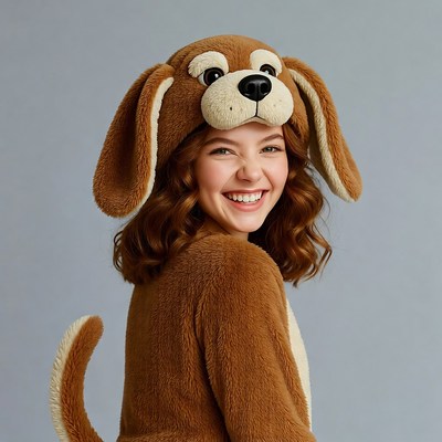 Girl smiling in brown dog costume