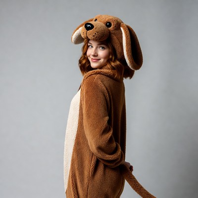 Girl in brown dog onesie costume