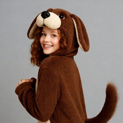 Girl in brown dog onesie costume