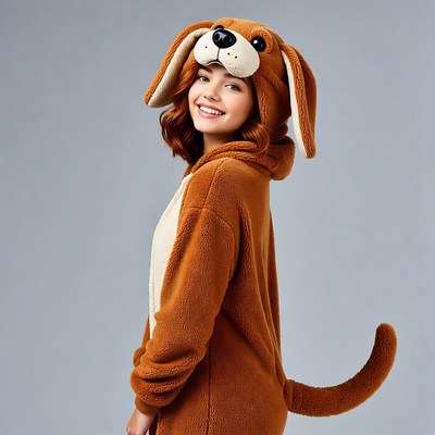 Girl in brown dog onesie