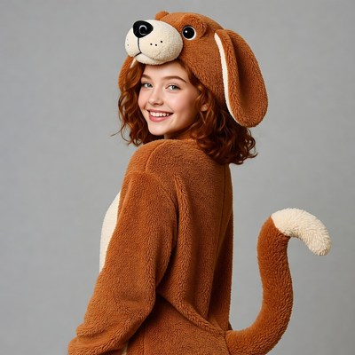 Girl in brown dog onesie costume