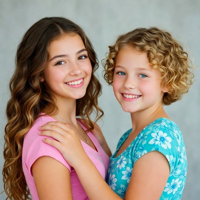 Two smiling girls hugging