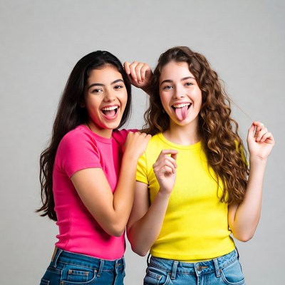 Two girls sticking tongues out smiling