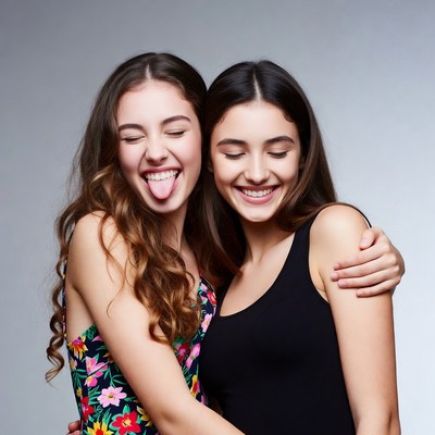 Two girls sticking tongue out smiling