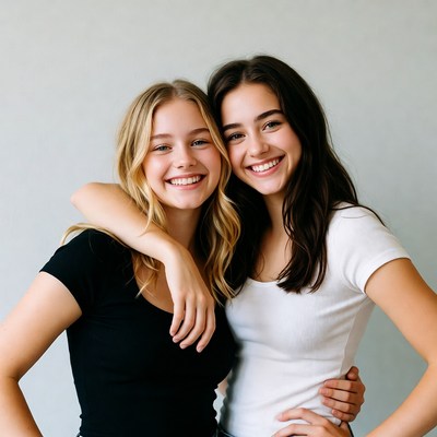 Two smiling teenage girls hugging