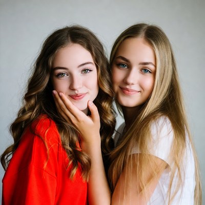 Two smiling teenage girls posing together