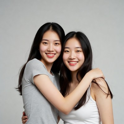 Two Asian women hugging smiling