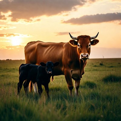 Cow and Calf in Grass at Sunset
