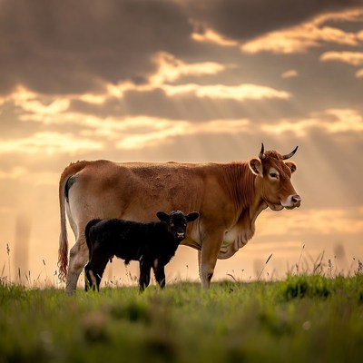 Cow and Calf in Grassy Field