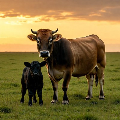 Mother Cow and Calf in Field