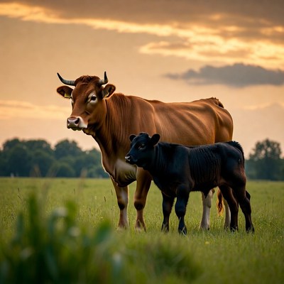 Brown Cow and Black Calf in Grass