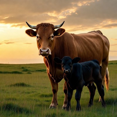 Brown Cow and Calf in Sunset Field