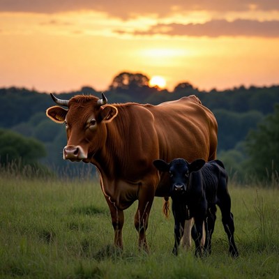 Cow and Calf in Sunset Field