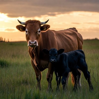Brown Cow and Calf in Grass Field
