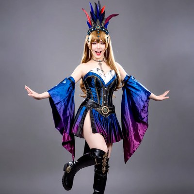 Asian woman in feathered cosplay costume