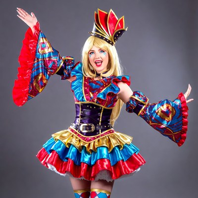 Blonde woman in colorful jester costume