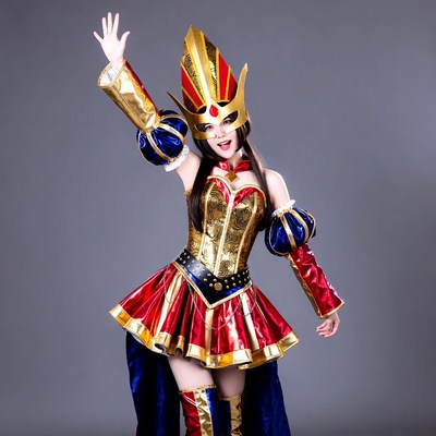 Woman in gold red cosplay costume waving